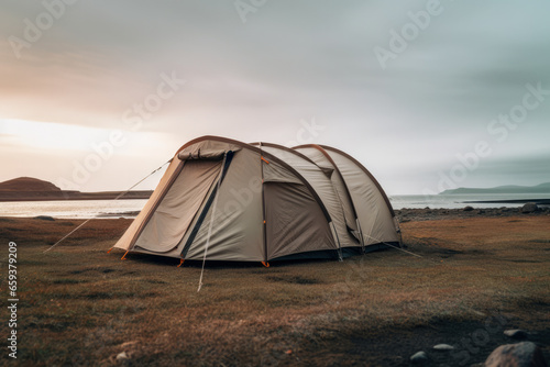 Lone tent in a beautiful landscape. Concept image on travel, nomad life and sustainable holidays. © JuanM