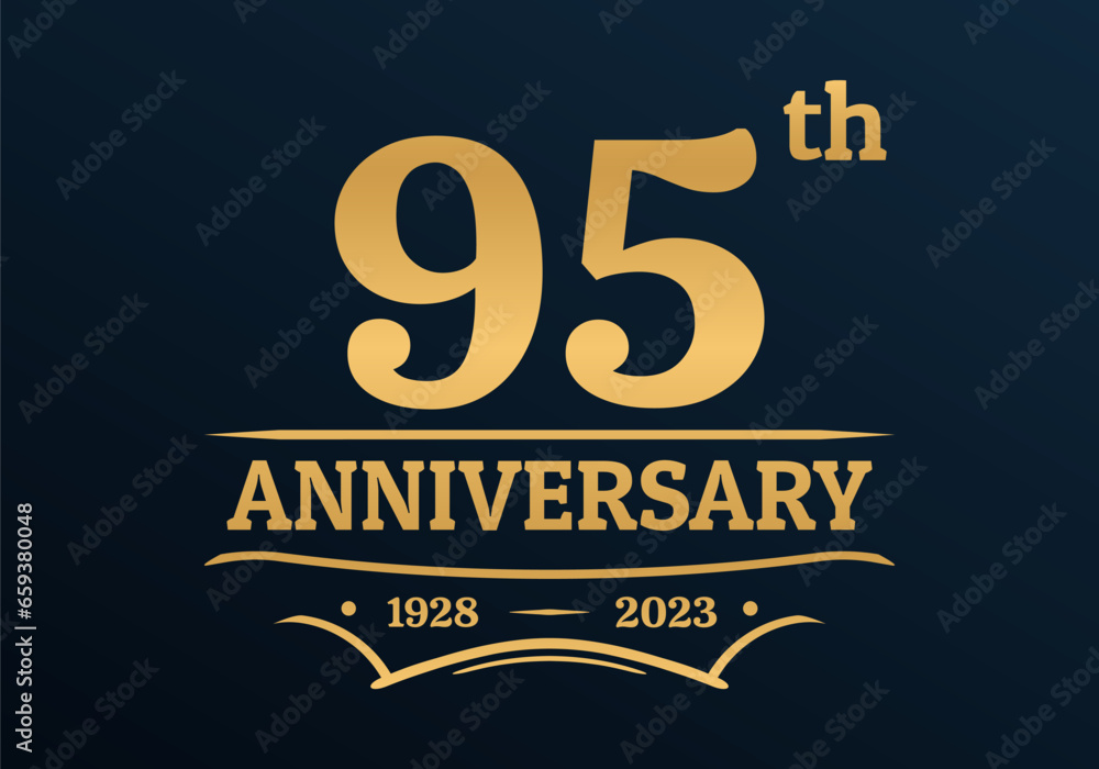 95 years anniversary golden logo, icon, label or badge. 95th jubilee, birthday celebration vintage design template. Wedding, invitation card element. Vector illustration.