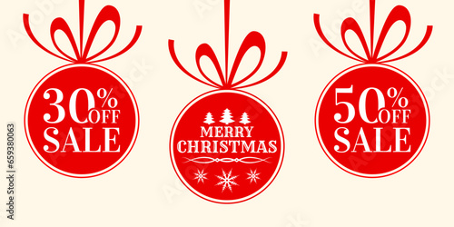 Christmas sale ball set. Price off icon, logo or label. Discount, promotion card design elements with Xmas balls. Vector illustration.
