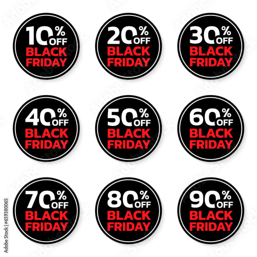 Black Friday sale label, icon or sticker set. 10, 20, 30, 40, 50, 60, 70, 80, 90 percent price off. Discount badge or tag design. Vector illustration.