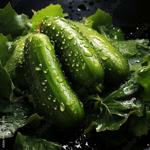 Cucumbers in the greenhouse with water drops