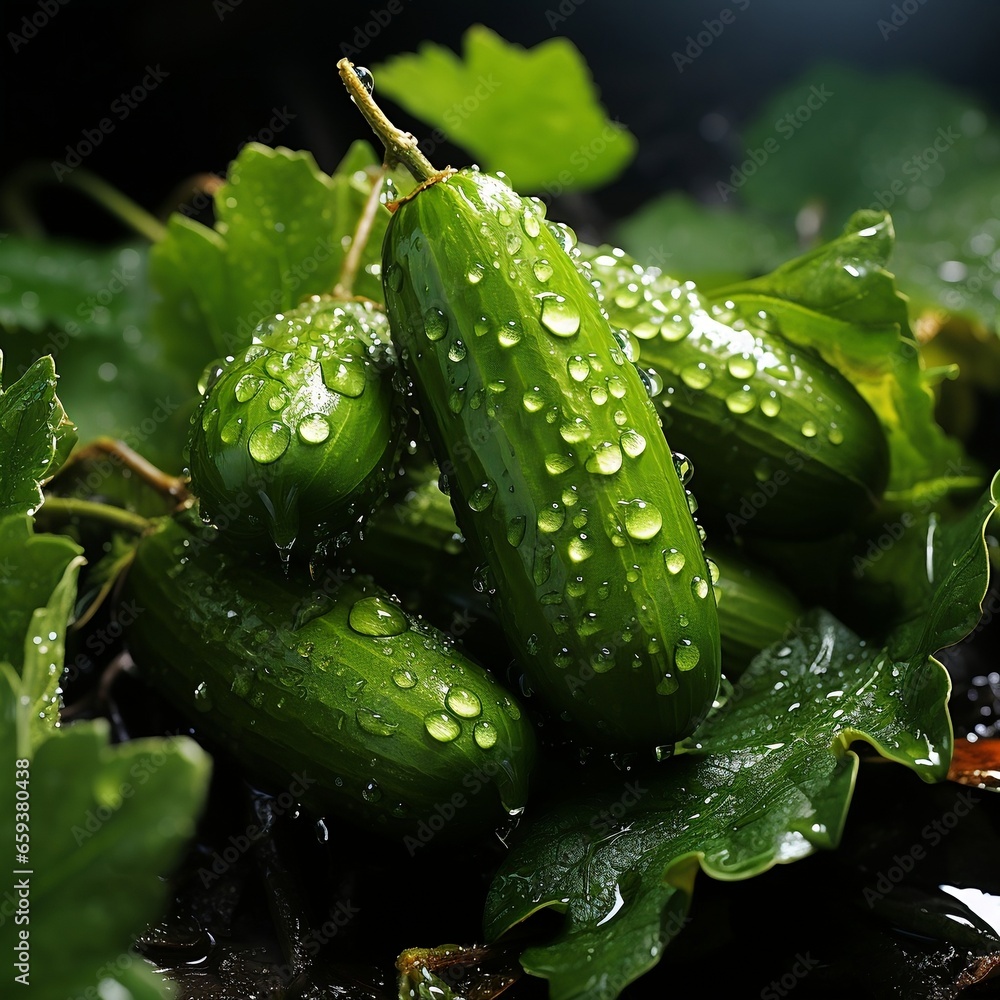 Cucumbers in the greenhouse with water drops Cucumbers in the greenhouse with water drops