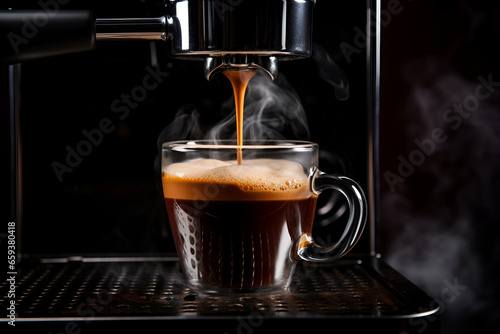Close-up of Cappuccino pouring from coffee machine. Professional coffee brewing. Espresso machine making fresh coffee

