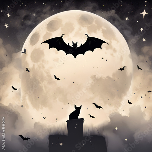Silhouette of cat and bats against a background of full moon. Concept of Halloween. Digital illustration. CG Artwork Background