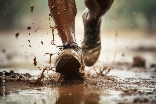 Low section of jogger running through puddle