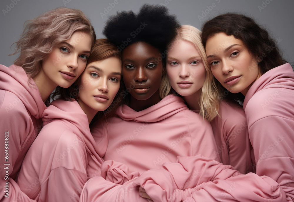 Portrait of a group of girls in pink clothes, generative AI Portrait of a group of girls in pink clothes, generative AI