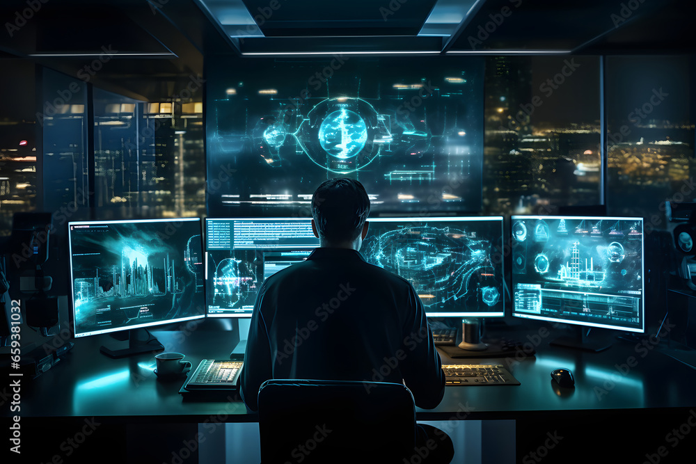 Silhouette of hacker in dark office with glowing interface. 3D rendering. ia generated Silhouette of hacker in dark office with glowing interface. 3D rendering. ia generated