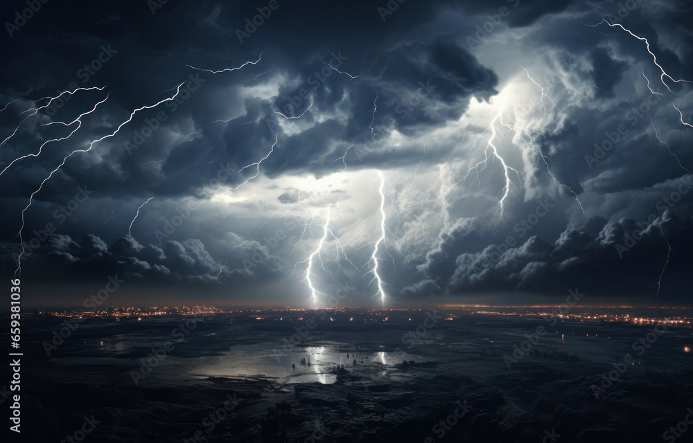 Storm clouds with illuminated lightning at night hover over the sea, generative AI





