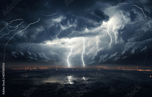 Storm clouds with illuminated lightning at night hover over the sea, generative AI