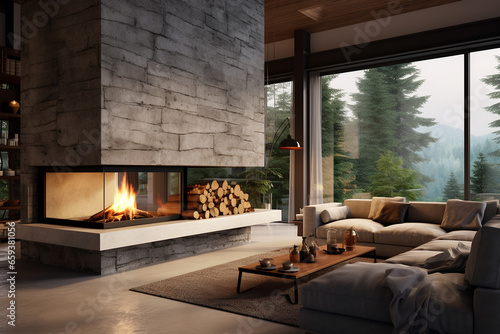 3d rendering of living room with fireplace in modern house with mountain view. ia generated