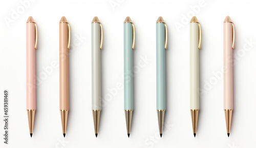Set of colorful biro pens isolated on transparent background. Minimal concept