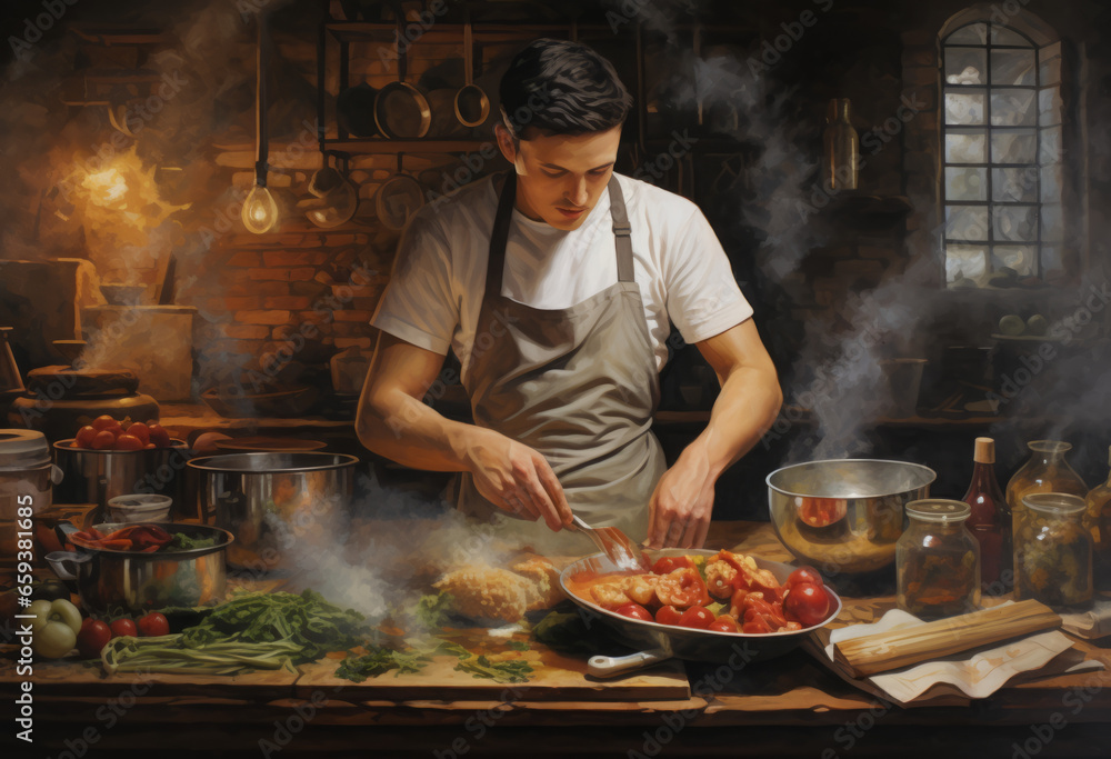 Sizzling Kitchen Ambiance, modern kitchen workspace, where chef's are delicately prepping a mix of meats and fresh green veggies Sizzling Kitchen Ambiance, modern kitchen workspace, where chef's are delicately prepping a mix of meats and fresh green veggies