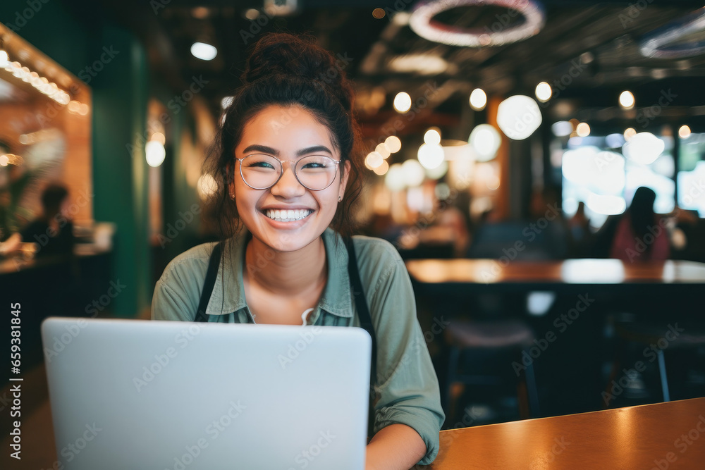 Fototapeta premium Woman using a laptop at the bar. Portrait happy woman in concentration working online. 
