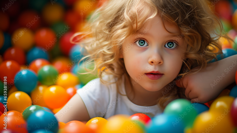 Happy little girl having fun in ball pit in kids indoor play center. Child playing with colorful balls in playground ball pool. Happy little girl having fun in ball pit in kids indoor play center. Child playing with colorful balls in playground ball pool.