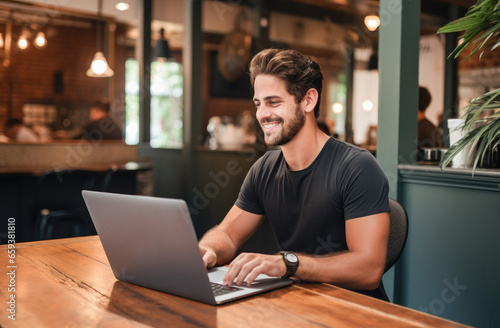 Man using a laptop at the bar. Portrait happy man in concentration working online. 