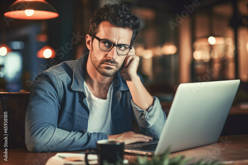 Man using a laptop at the bar. Portrait man in concentration working online. 