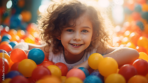 Happy little girl having fun in ball pit in kids indoor play center. Child playing with colorful balls in playground ball pool.