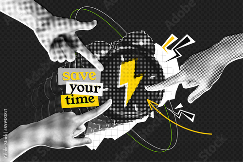 Save your time halftone collage poster with alarm clock and hand. Trendy retro style for banners and promotions. Deadline and time management concept. Contemporary vector pop art