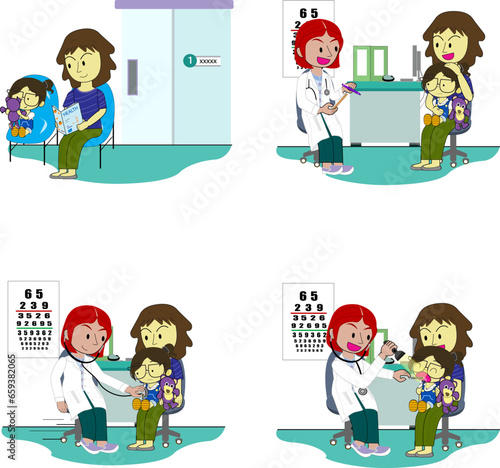 Parent healthcare-Mother with child wait to meet doctor,doctor talk with mom,doctor listen the heart sound,doctor check the oral cavity,kid on medical examination in hospital. 