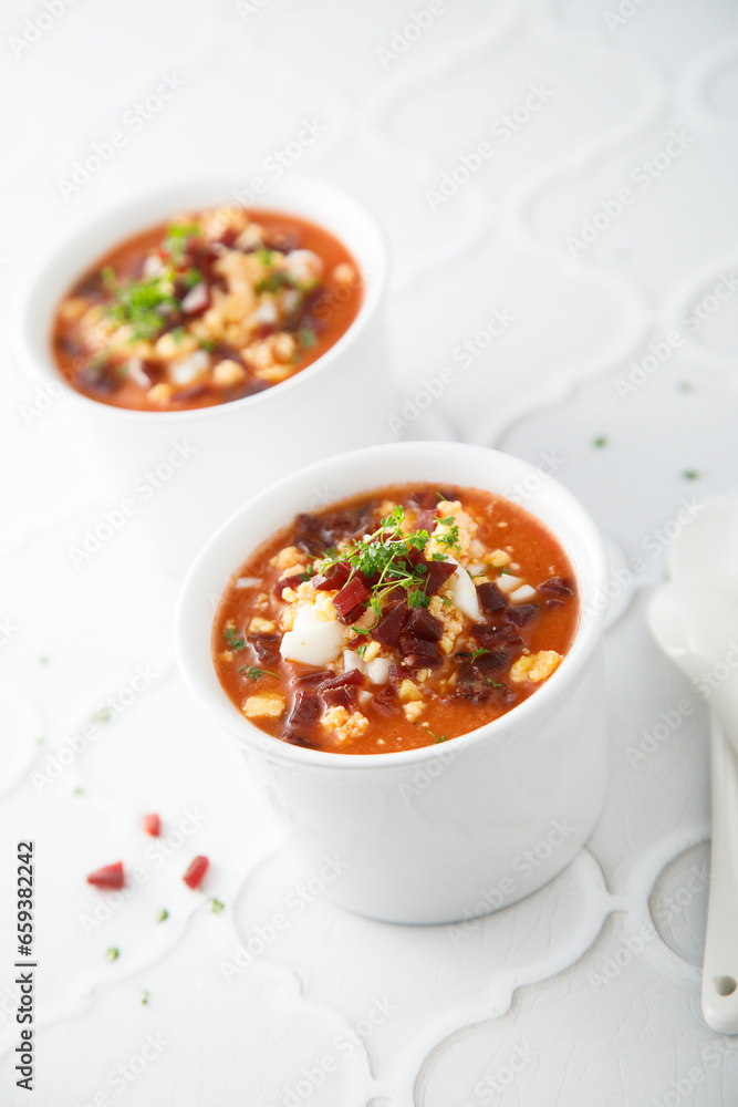 Cold tomato soup with ham and egg Cold tomato soup with ham and egg