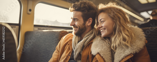 Happy young couple sitting in the train , traveling to their vacation by train.  Active lifestyle concept photo