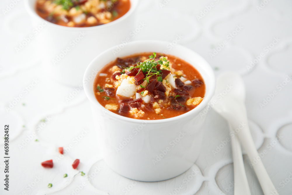 Cold tomato soup with ham and egg Cold tomato soup with ham and egg