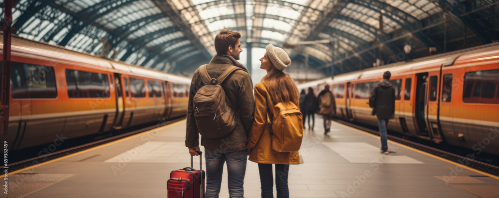 Happy young couple waiting on the train station, traveling to their vacation.  Active lifestyle concept