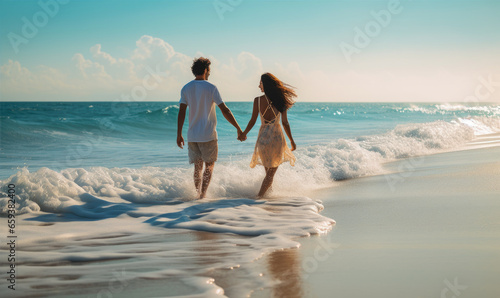 Happy young couple on the beach, enjoying their time together on the vacation. Active lifestyle concept photo