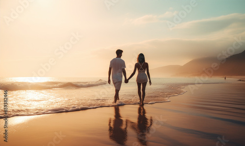 Happy young couple on the beach, enjoying their time together on the vacation. Active lifestyle concept
