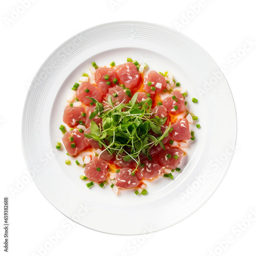 Tuna Tartare on a White Plate on Transparent Background.