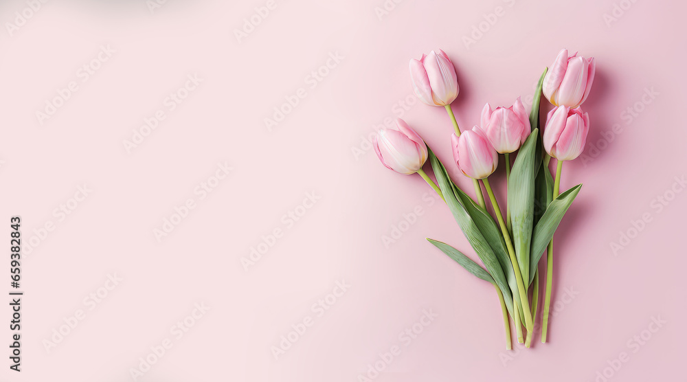 A Bouquet of Pink Tulips on a Soft Baby Pink Background