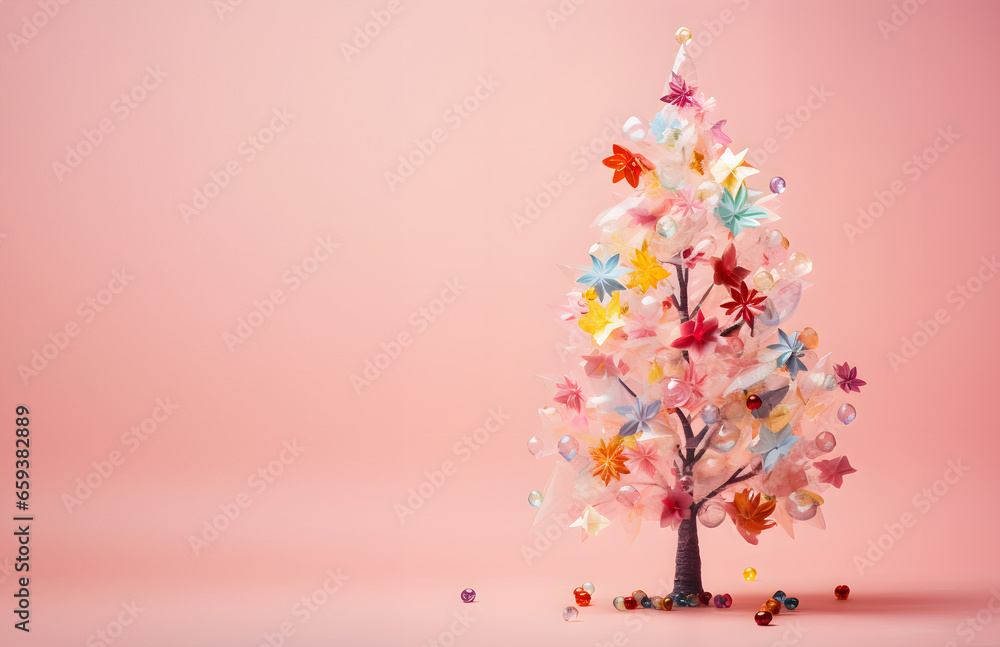 New Year modern Christmas tree made of flowers and candy crystal ornaments on a pastel pink background. Festive Xmas holiday season, modern girly muted color banner design.