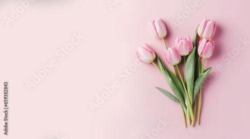 A Bouquet of Pink Tulips on a Soft Baby Pink Background © BiljanaMoe