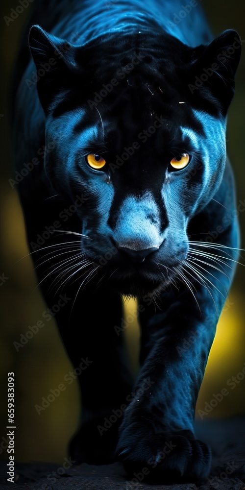 Obraz premium Close-Up of Black Panther's Face in Jungle with Yellow Eyes