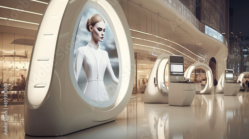Futuristic Departure Hall with Digital Kiosks and Check-In Counters