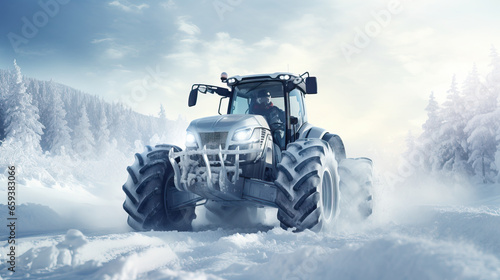 Powerful Tractor in Winter Landscape Among Snow-Covered Trees