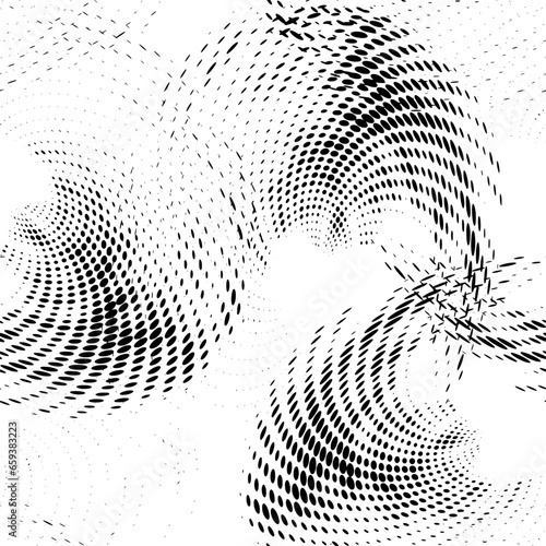 Seamless halftone pattern with untwisted intertwined dotted rays. Vector.