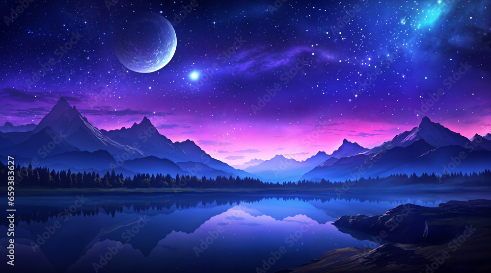 Beautiful fantasy starry night sky, blue and purple colorful, galaxy