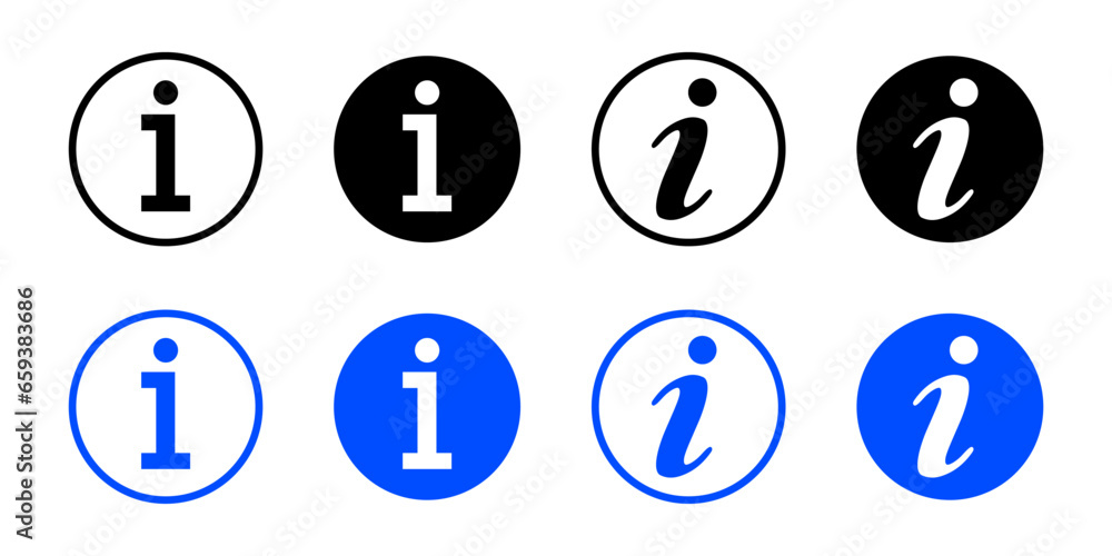 Info icons set. Information icon on isolated on white background. Black, blue info button. Info symbol. Vector EPS 10 Info icons set. Information icon on isolated on white background. Black, blue info button. Info symbol. Vector EPS 10