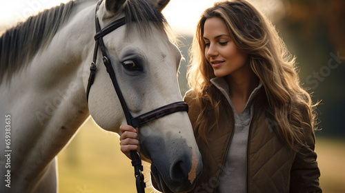 An image of a rider and their horse sharing a moment of connection in a sunlit field, Pets with owners, with copy space