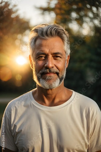 full body portrait of senior black bearded male with short brown hair and green eyes, wearing white t-shirt during late autumn sunset with a sunflares in the background. generative ai.