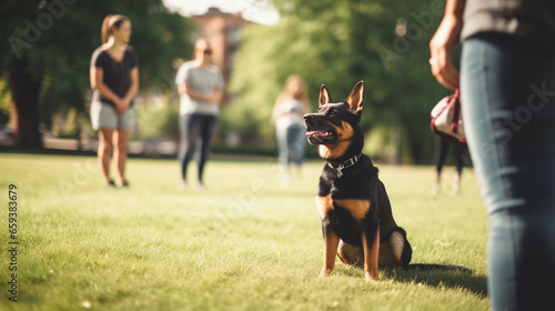 A snapshot of a dog owner engaged in a training session with their obedient pup, Pets with owners, with copy space photo