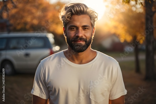 full body portrait of senior black bearded male with short brown hair and green eyes, wearing white t-shirt during late autumn sunset with a sunflares in the background. generative ai.