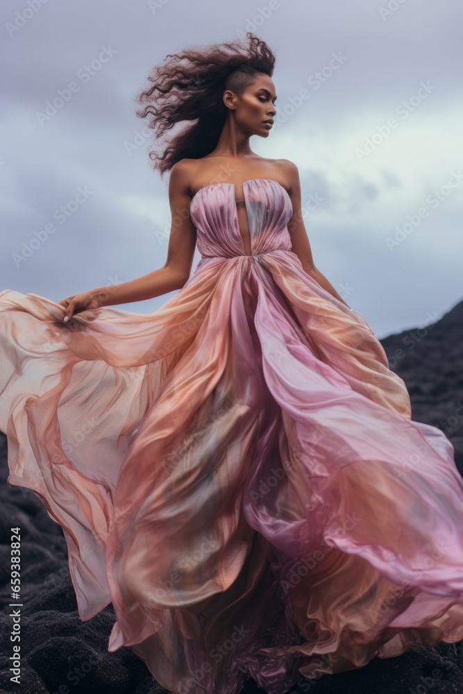 Φωτογραφία A beautiful woman in a flamboyant pink dress stands gracefully in the sky, her f