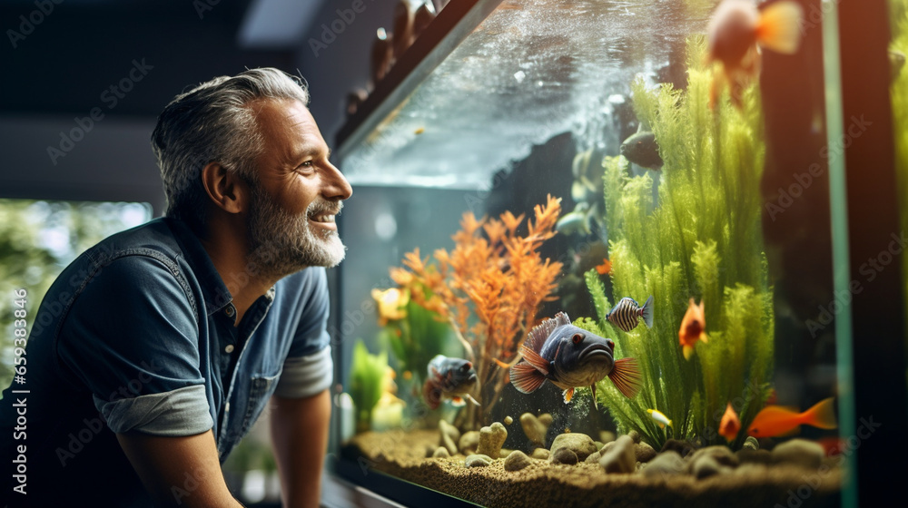 A captivating underwater view of a fish tank owner admiring their aquatic pets, Pets with owners, with copy space