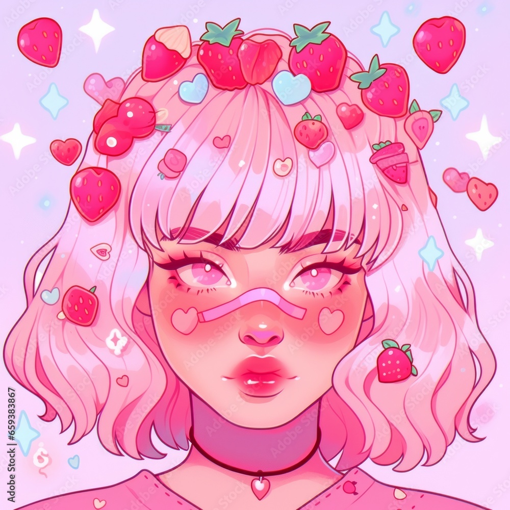 Φωτογραφία This whimsical cartoon illustration of a vibrant woman with pink hair and fruits