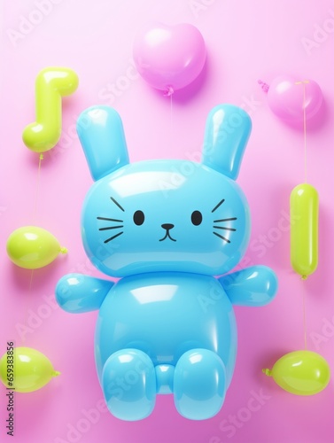 A cheerful blue bunny balloon with a happy face and floppy ears brings a sense of joy and fun to the room, inviting children to play with its vibrant array of colorful balloons photo