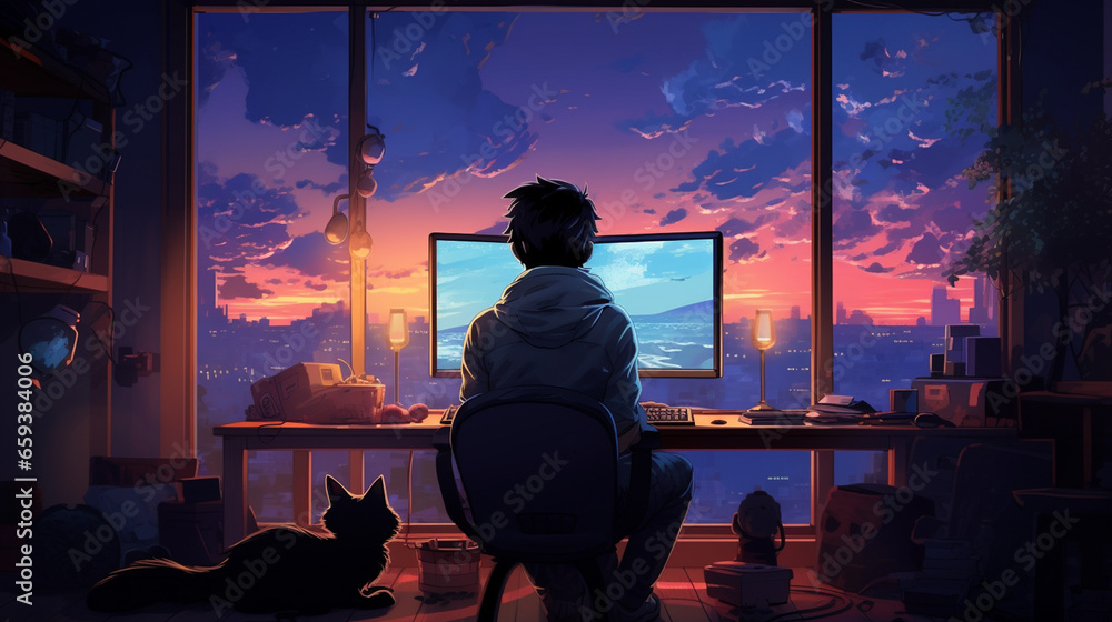 A gaming setup with a pet owner immersed in a video game, with their cat perched on the desk, Pets with owners, home