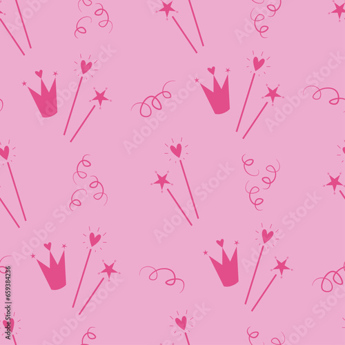 crowns and wands on pink background, magical girly pattern for birthday wrapping paper, seamless print for baby clothes