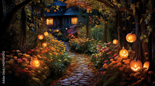 Pumpkin-Lined Path Through a Twilight Garden